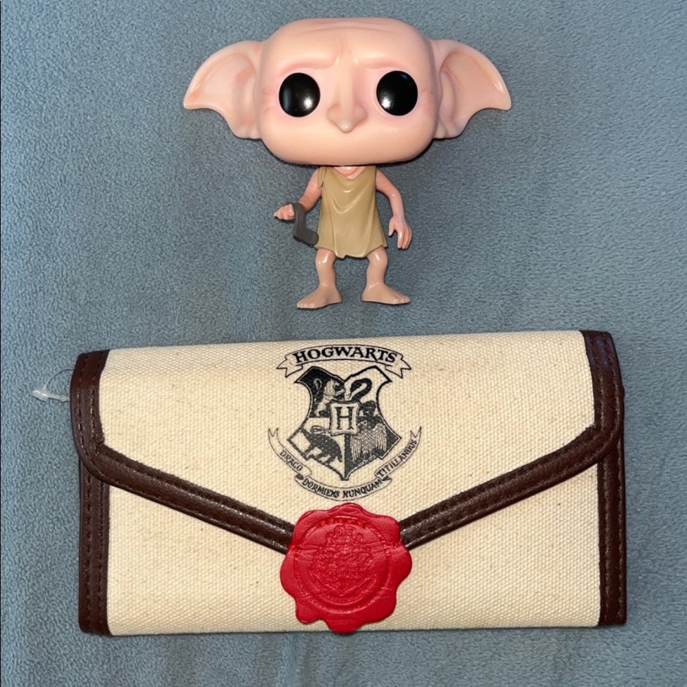 Dobby funko pop figure and hogwarts letter wallet